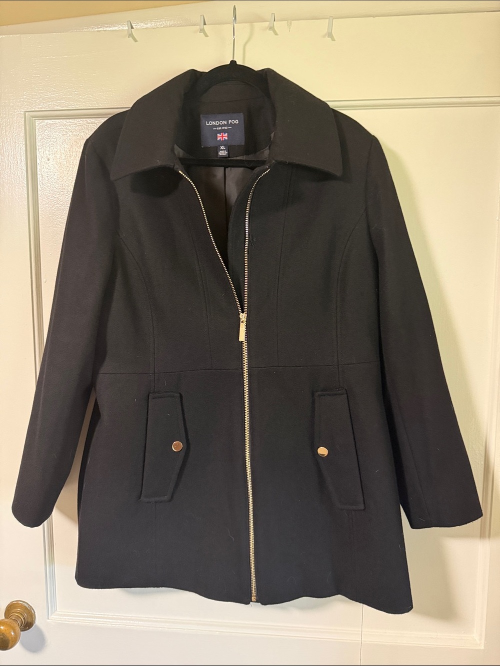 London Fog Black Zip-Front Pea Coat with Flap Pockets